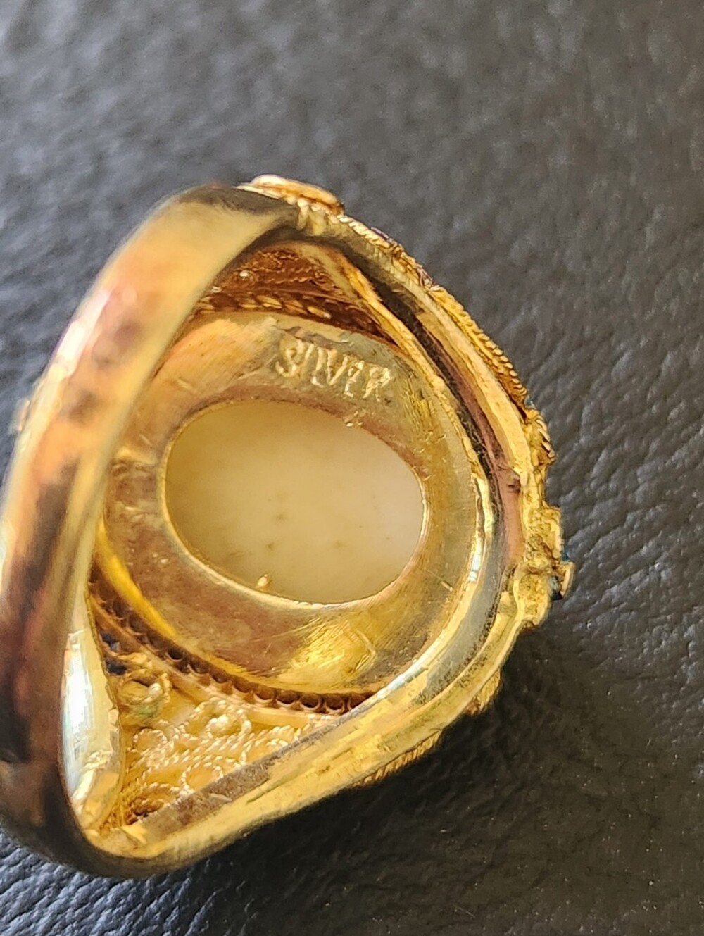 RARE Antique Ring, Hand-Painted Bird Porcelain Cameo, Gold Vermail Over Silver - Picture 11 of 11